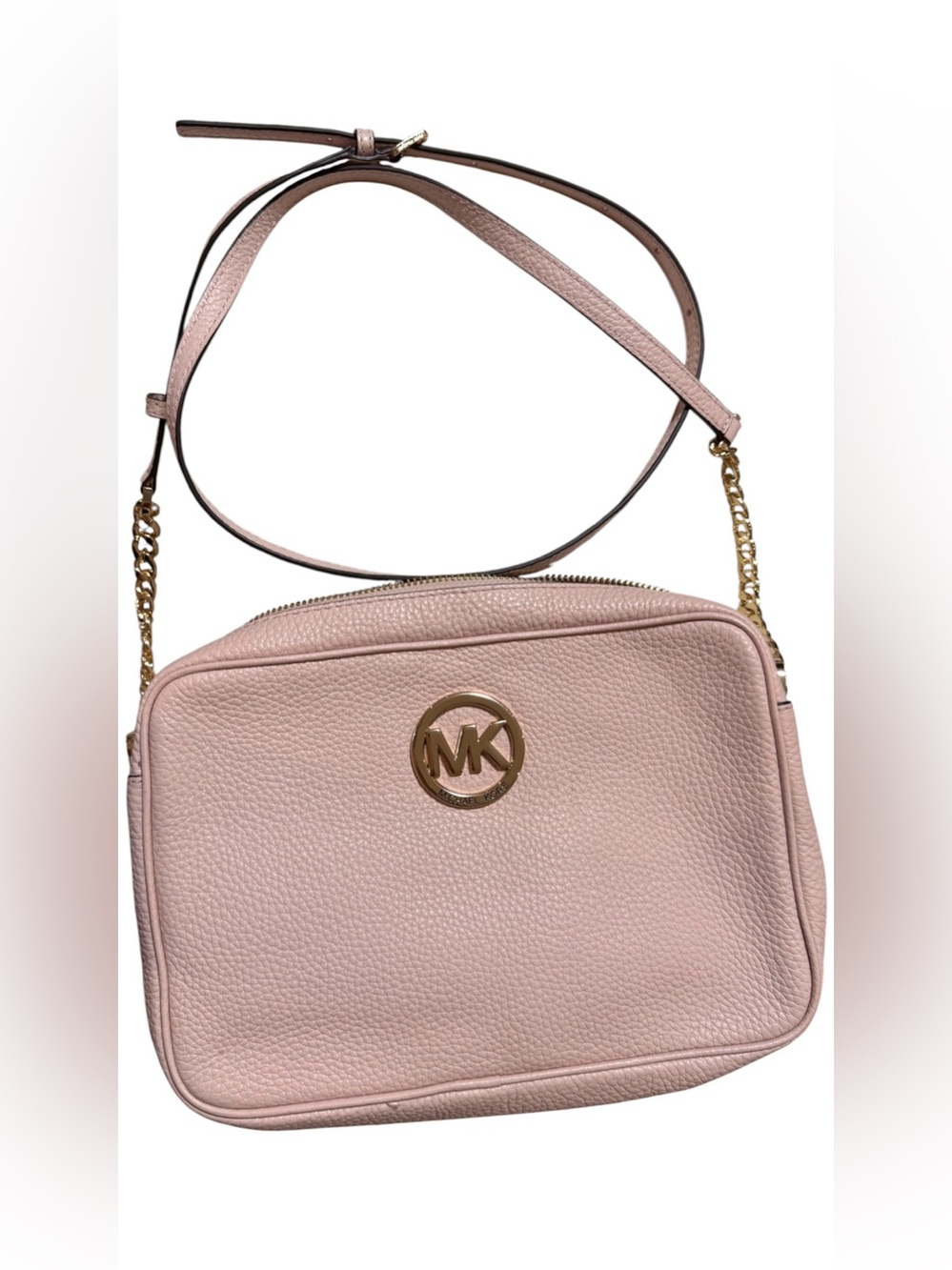 Michael Kors Blush Pink Pebbled Leather Crossbody with Gold Tone MK Logo